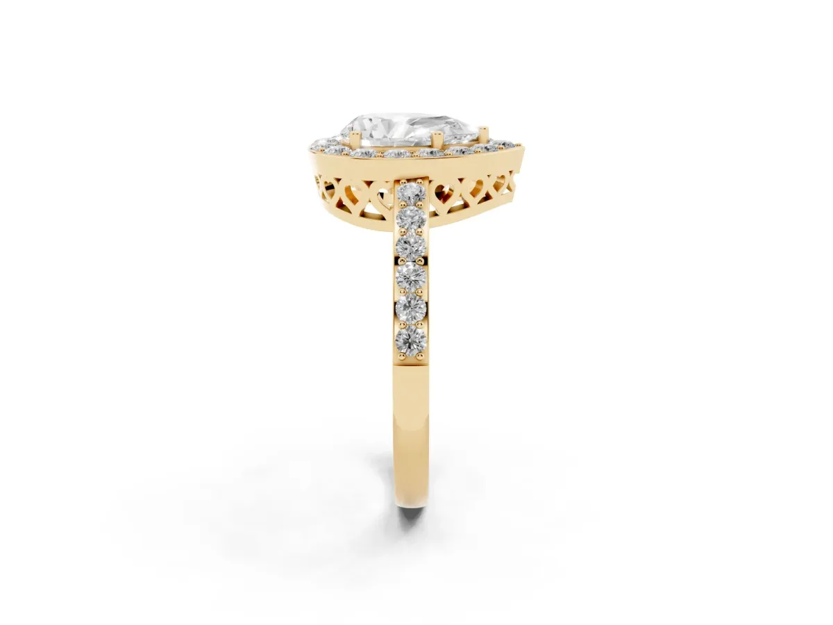 Pear Cut Halo Diamond Pavé Band Ring with Prong Setting Yellow gold