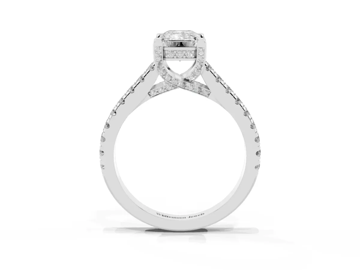 Emerald Cut Brilliant Diamond Solitaire with Pavé Band and Four-Prong Setting Silver