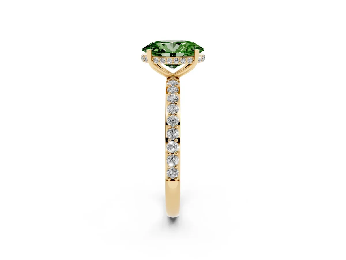 Fancy Green Oval Cut Diamond Solitaire Ring with Pavé Band and Hidden Halo Yellow gold