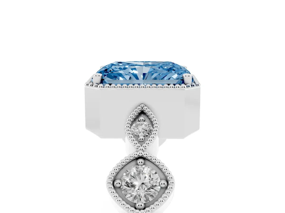 Fancy Blue Radiant Cut Diamond Vintage Milgrain Ring with Round Stations Platinum