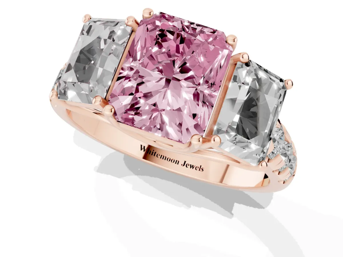 Fancy Pink Three-Stone Radiant Cut Diamond Pavé Band with Prong Setting Rose gold