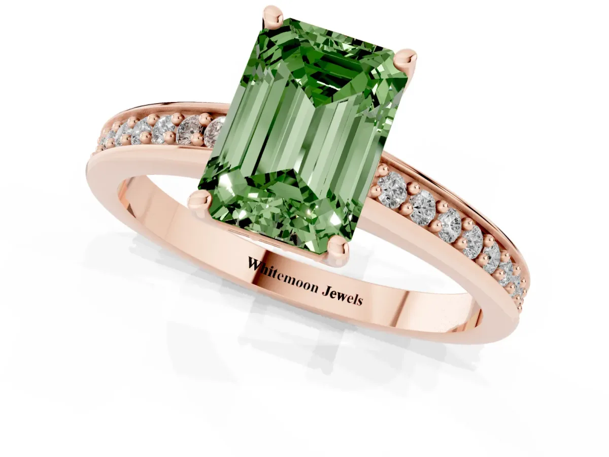 Fancy Green Emerald Cut Solitaire Pavé Band Prong Setting Ring Rose gold