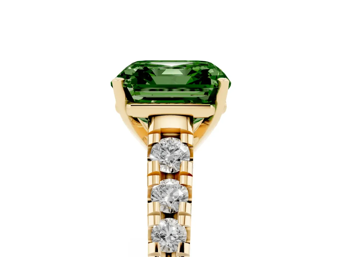 Fancy Green Asscher Cut Diamond Cathedral Solitaire Ring with Round Pavé Band Yellow gold