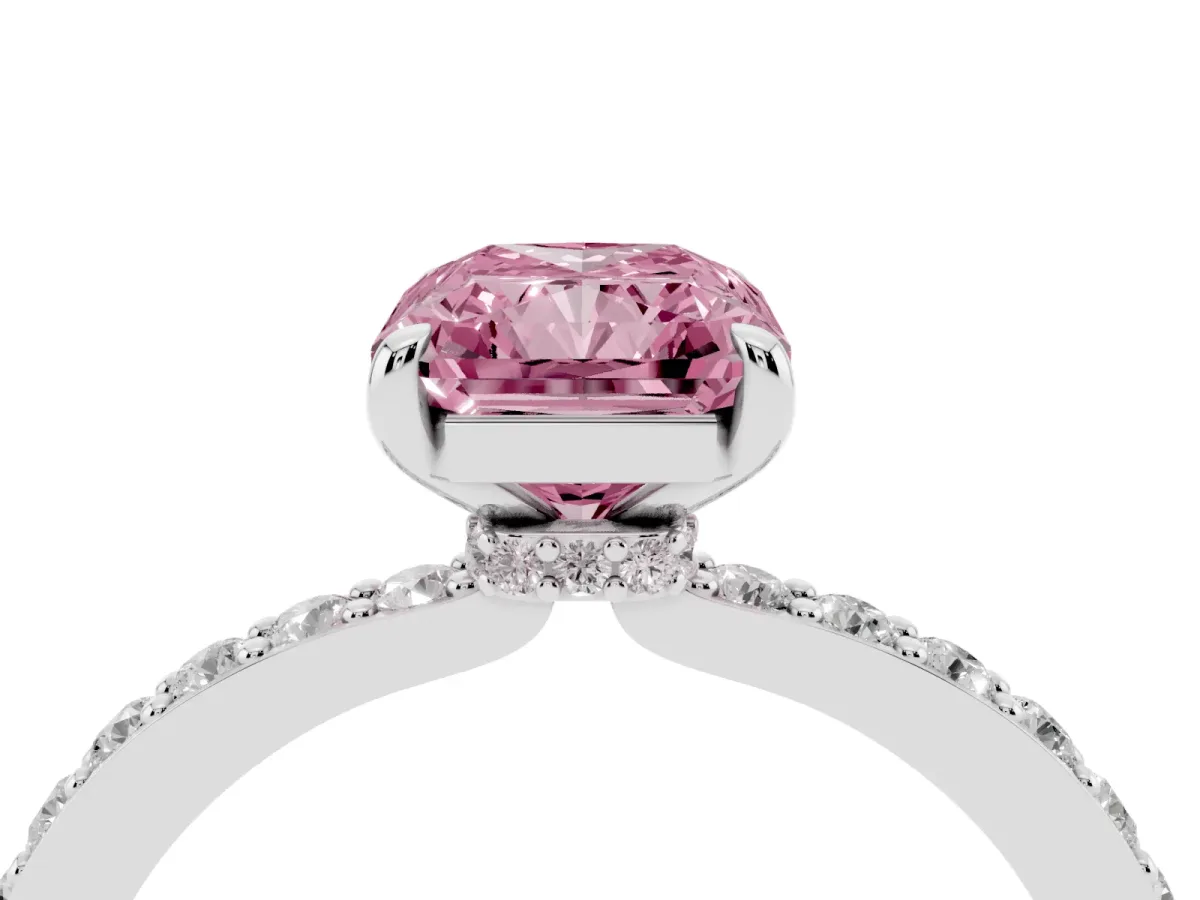 Fancy Pink Radiant Cut Diamond Pavé Engagement Ring with Round Accents and Prong Setting White gold