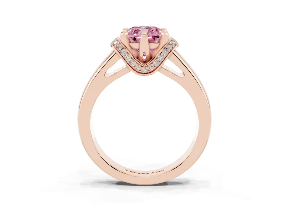 Fancy Pink Cushion Cut Solitaire Diamond Ring with Pave Band and Six-Prong Setting Rose gold