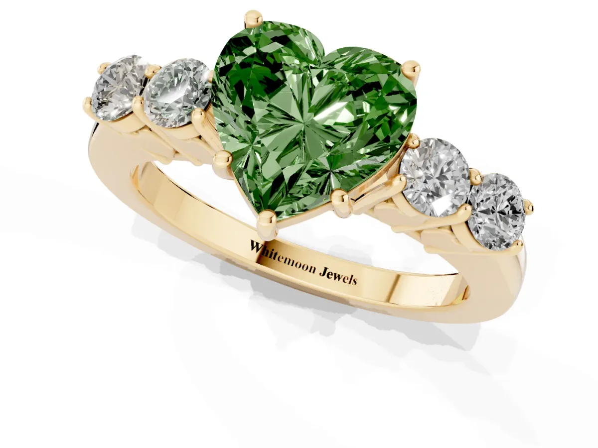 Fancy Green Heart Cut Cut Diamond Five-Stone Prong Set White Gold Ring Yellow gold