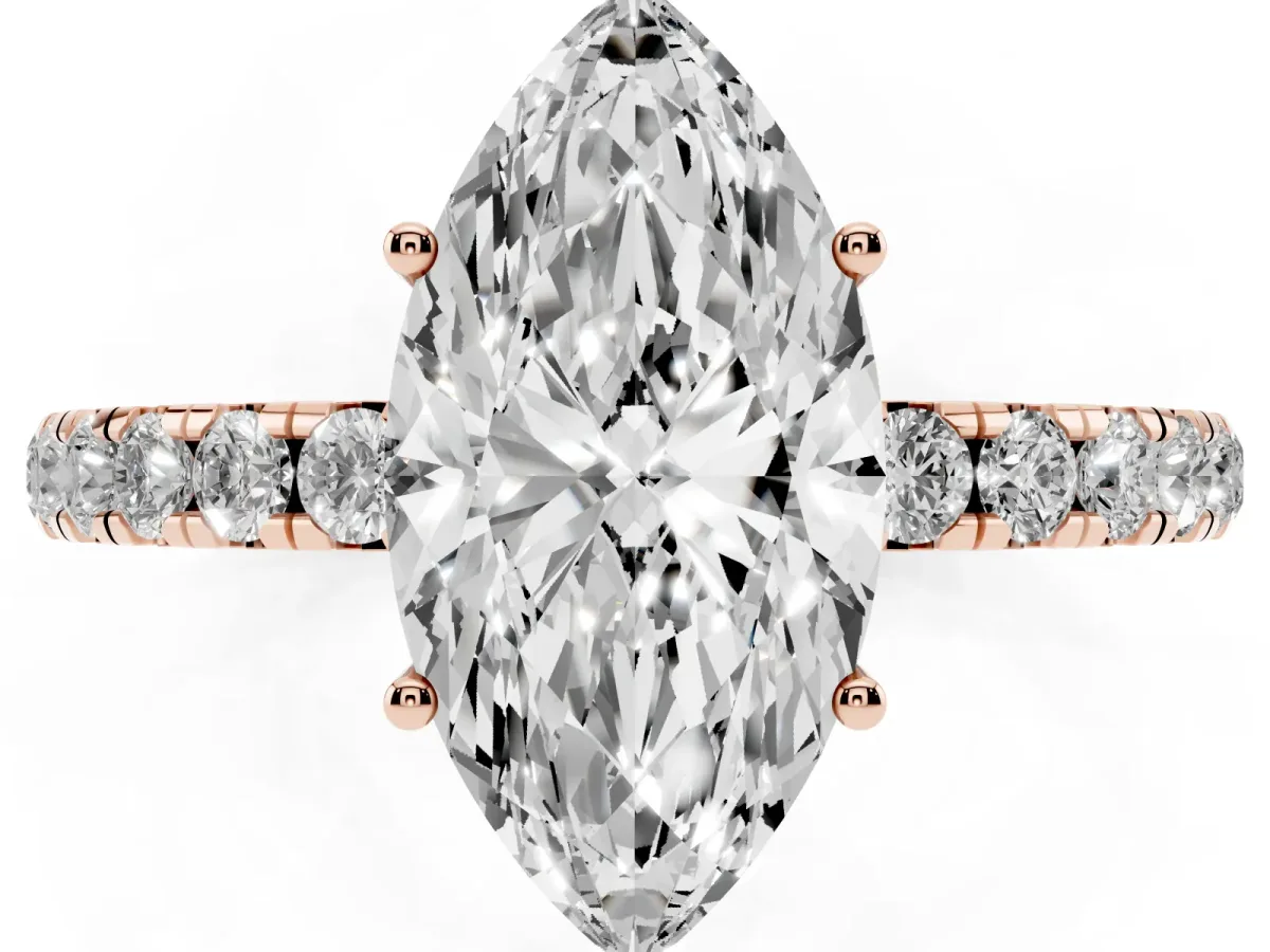 Marquise Cut Diamond Pavé Solitaire Engagement Ring with Four-Prong Setting Rose gold