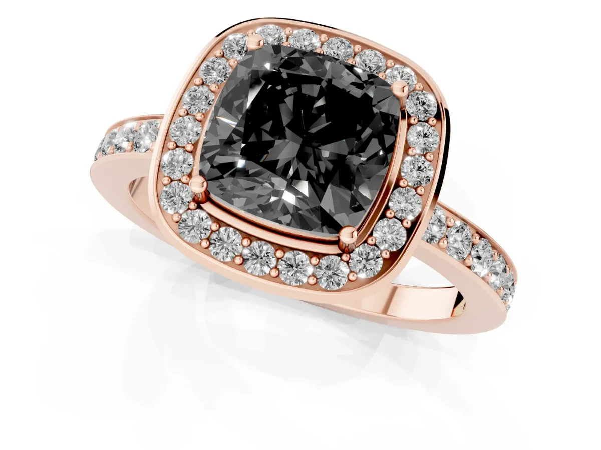 Fancy Black Cushion Cut Diamond Halo Ring with Bezel Frame and Pavé Band Rose gold