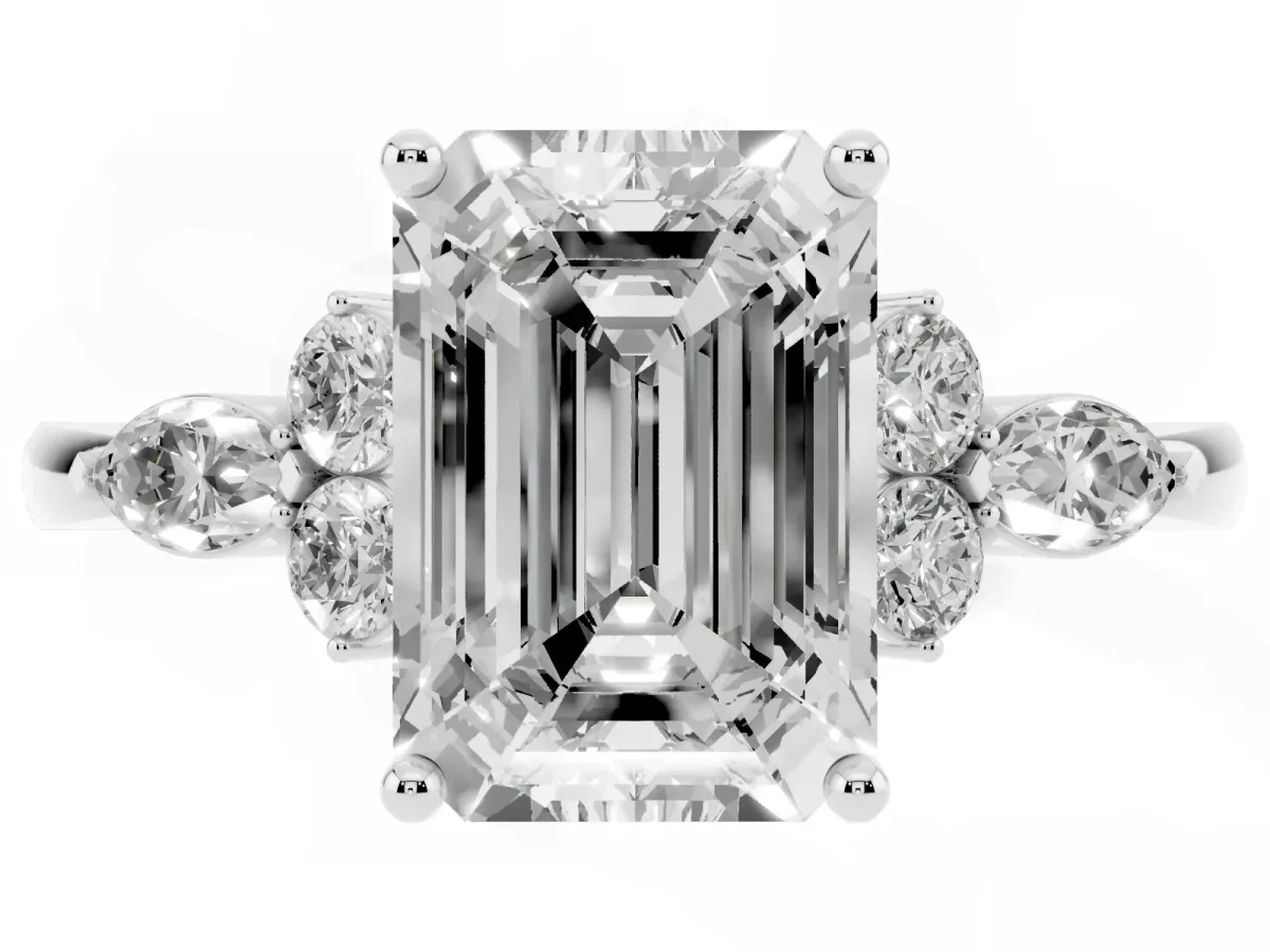 Emerald Cut Brilliant Diamond Solitaire Ring with Pear Side Stones and Four-Prong Setting Silver