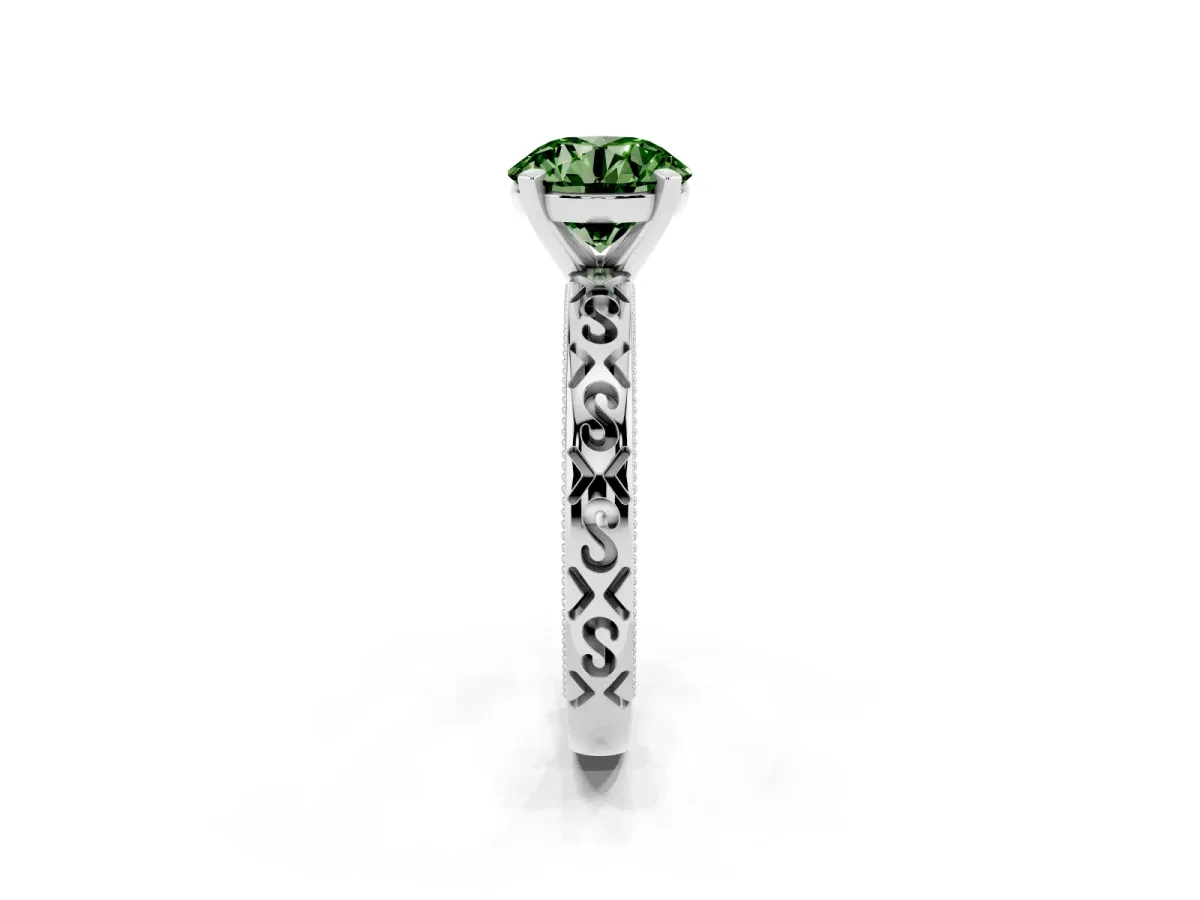 Fancy Green Round Cut Solitaire Engagement Ring with Scrollwork Band and Four-Prong Setting Silver