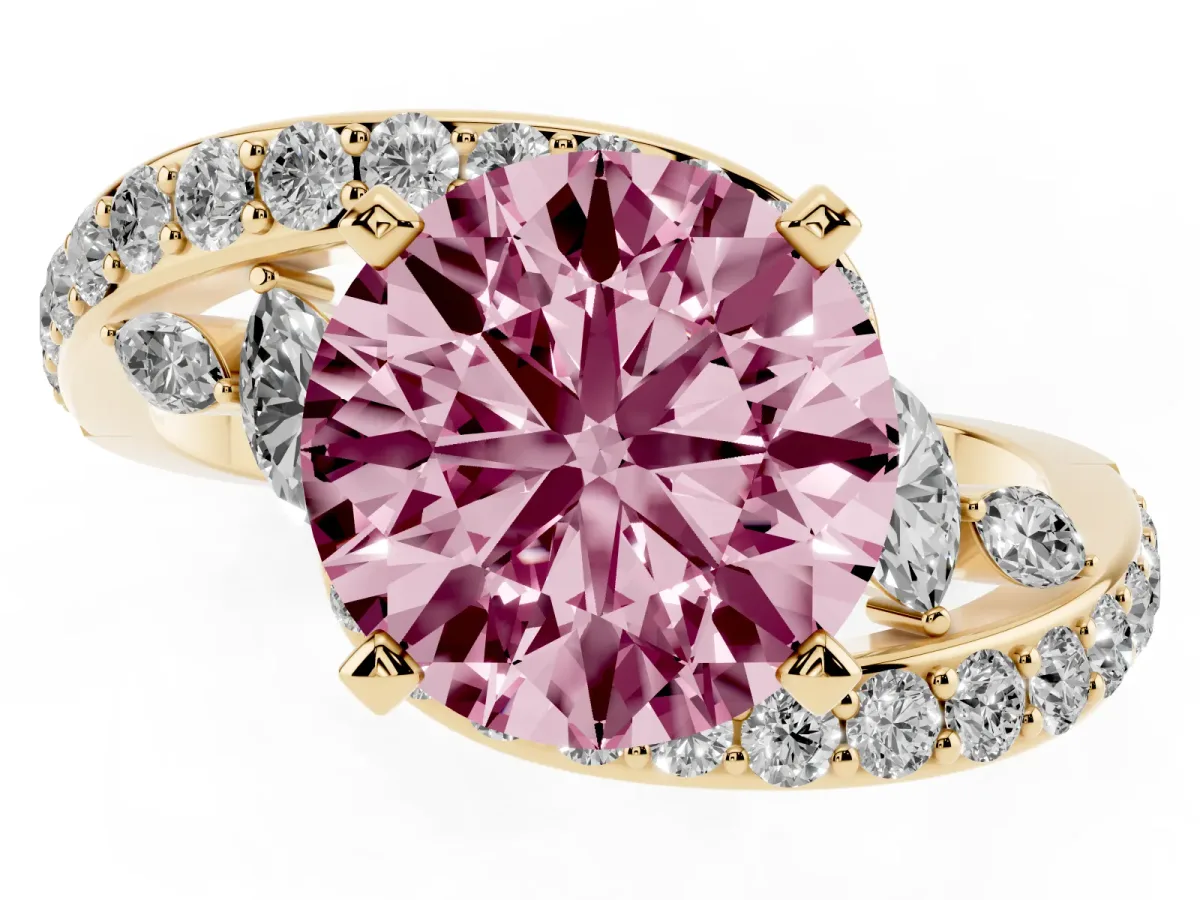 Fancy Pink Round Cut Solitaire with Pavé Twist Band and Four-Prong Setting Yellow gold