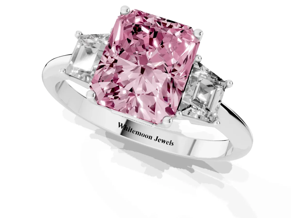 Fancy Pink Radiant Cut Diamond Three-Stone Ring with Trapezoid Side Stones and Prong Setting Silver