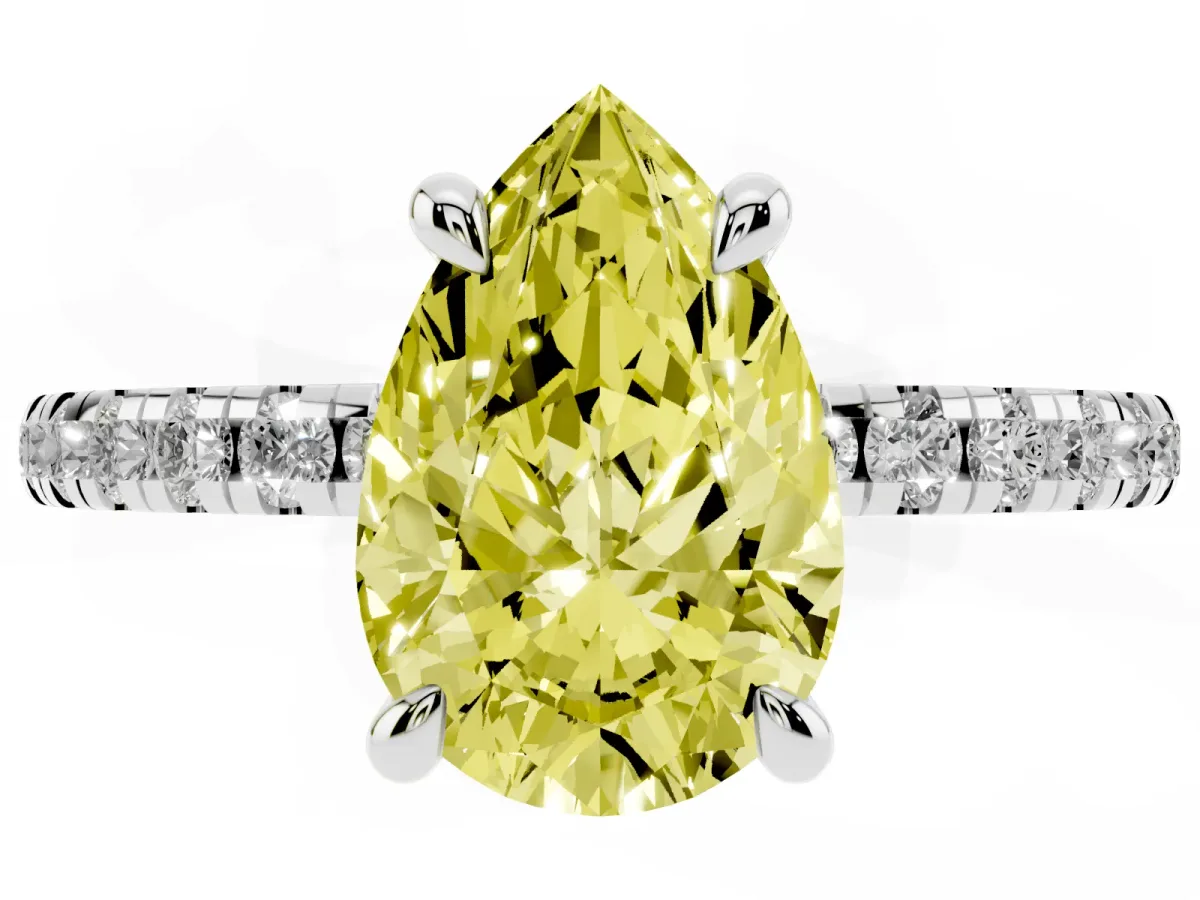 Fancy Yellow Pear Cut Diamond Brilliant Solitaire Ring with Pavé Band and Four-Prong Setting Silver