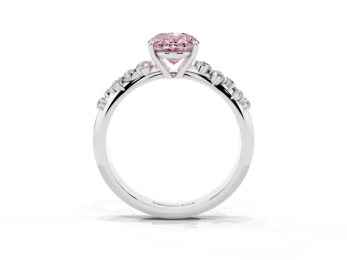 Fancy Pink Oval Cut Diamond Cluster Side Stone Solitaire Ring with Prong Setting Silver