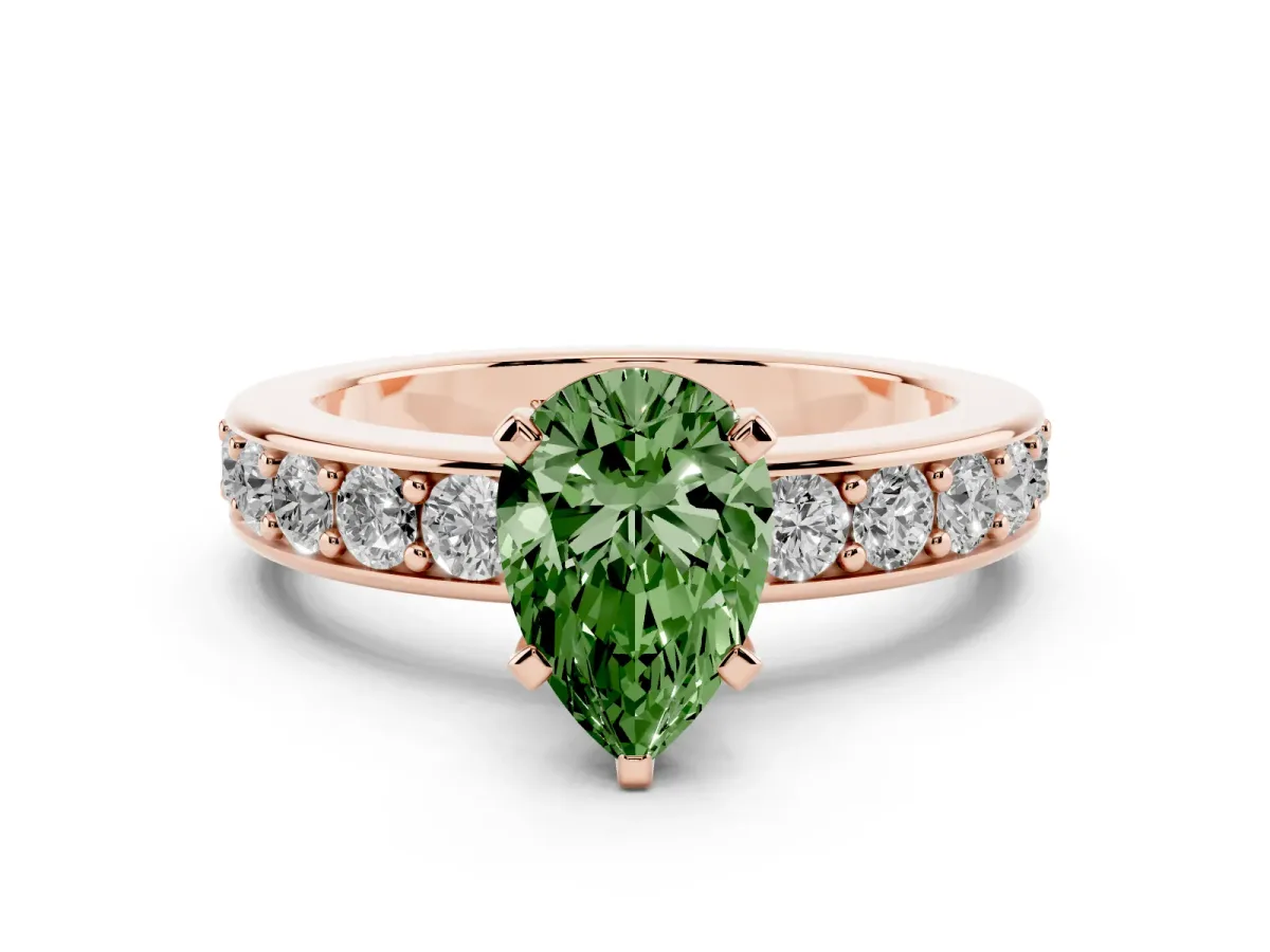 Fancy Green Pear Cut Diamond Engagement Ring with Channel Set Round Band and Prong Setting Rose gold