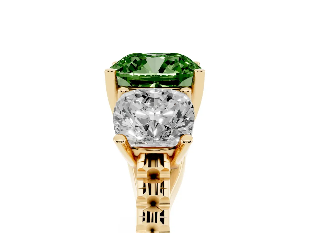 Fancy Green Three-Stone Cushion Cut Diamond Ring with Round Pavé Band and Prong Setting Yellow gold