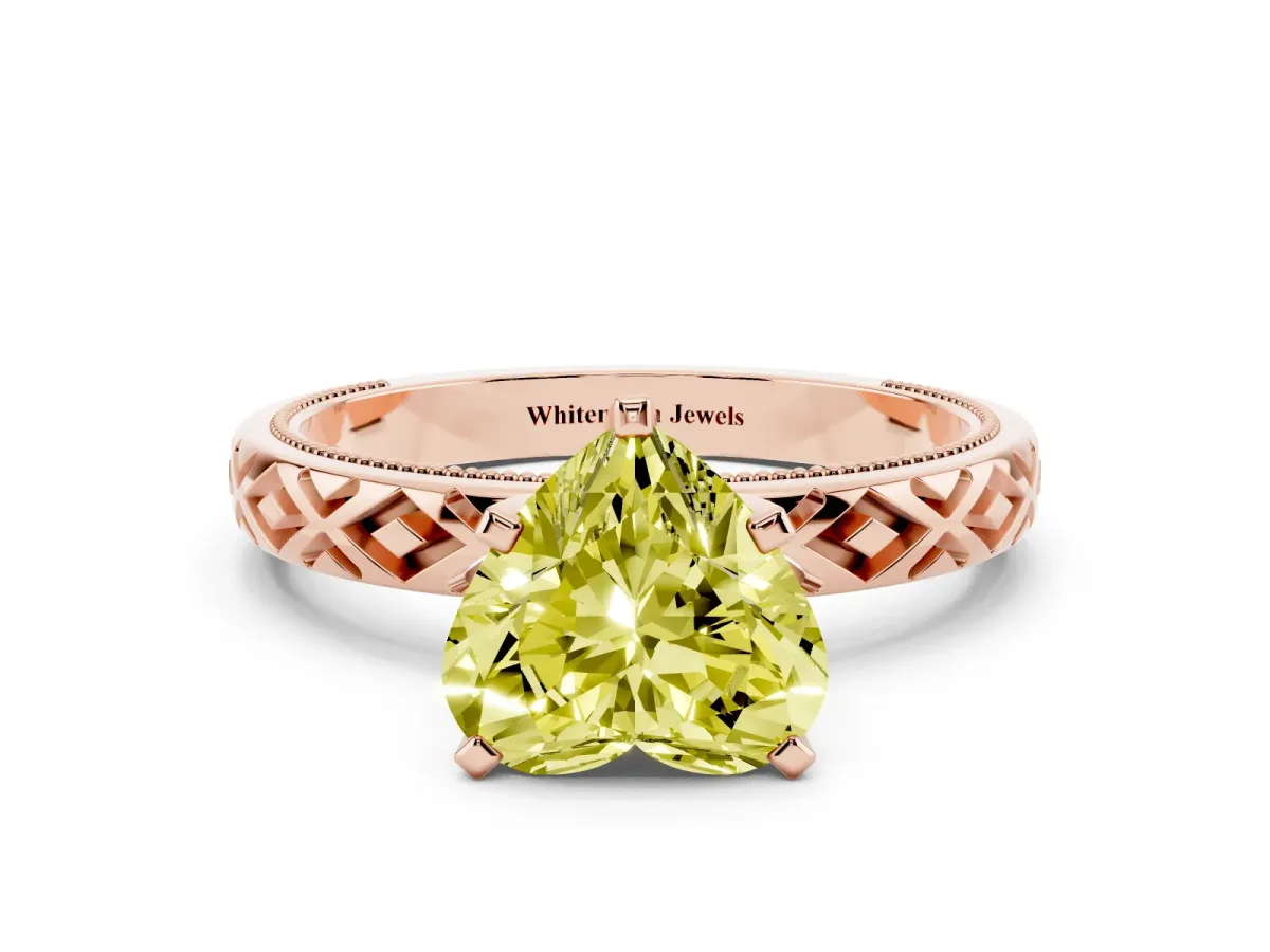 Fancy Yellow Heart Cut Solitaire Diamond Ring with Milgrain and Black Enamel X Pattern Band Rose gold