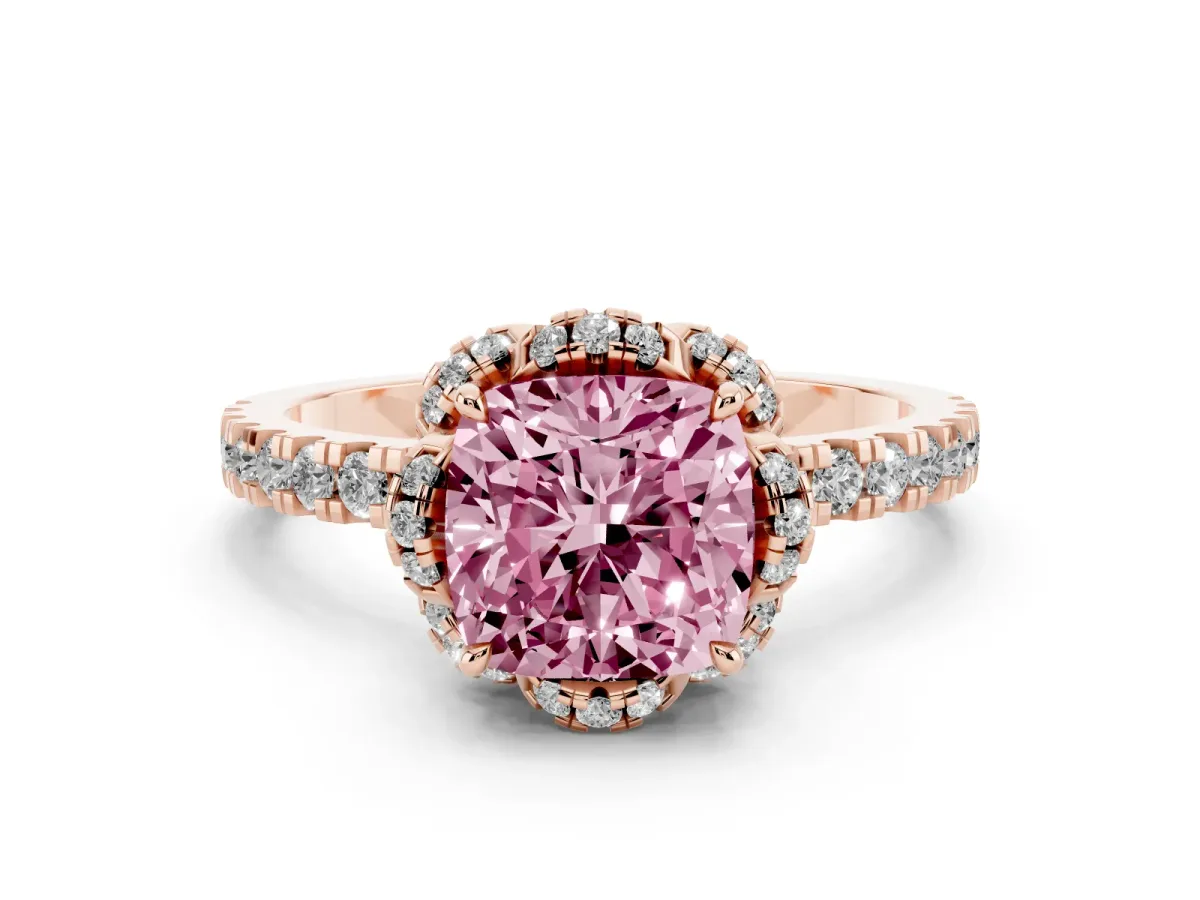 Fancy Pink Cushion Cut Diamond Halo Pave Band with Four-Prong Setting Rose gold
