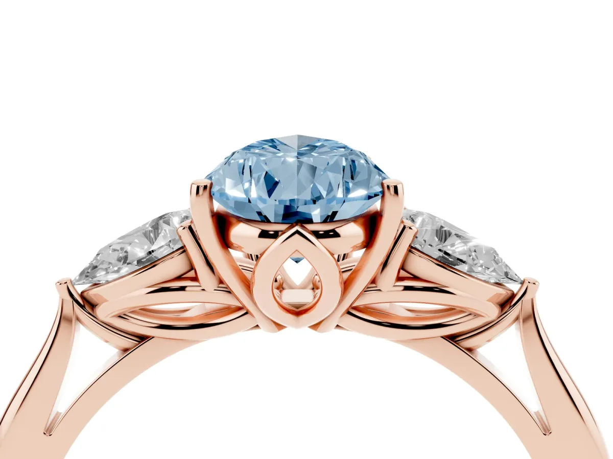 Fancy Blue Pear Cut Diamond Three-Stone Ring with Pear Side Stones and Prong Setting Rose gold