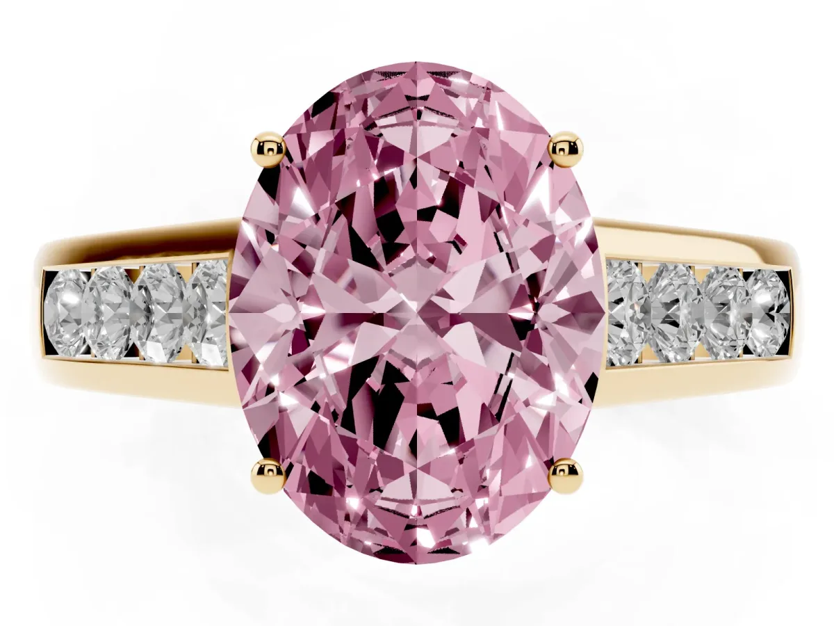 Fancy Pink Oval Cut Brilliant Channel-Set Solitaire Ring with Four-Prong Setting Yellow gold