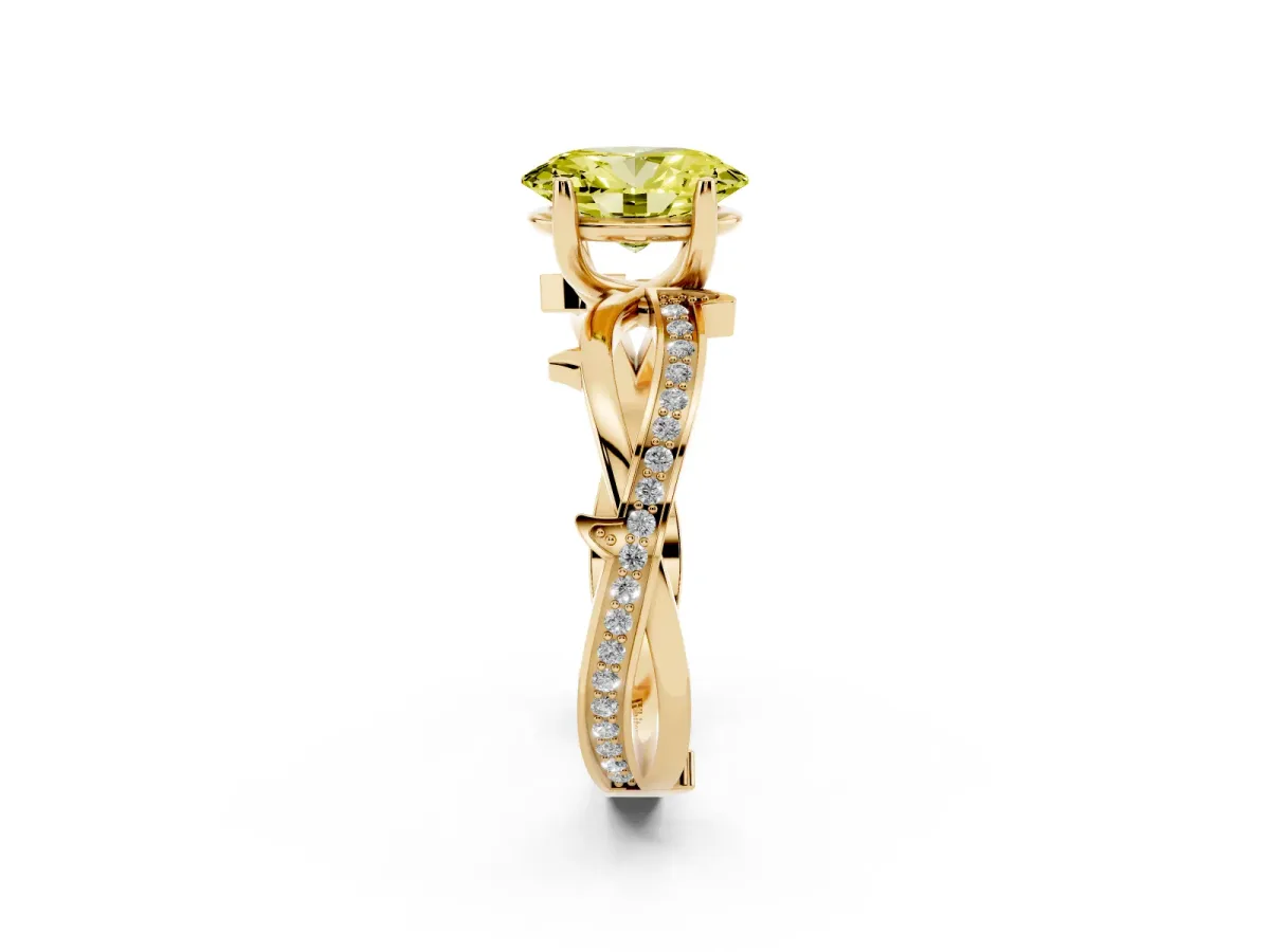 Fancy Yellow Oval Cut Solitaire Twist Band with Pavé Accents and Four-Prong Setting Yellow gold