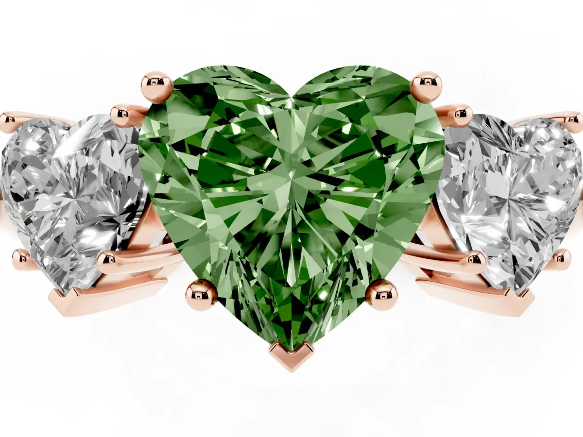 Fancy Green Three-Stone Heart Cut Cut Diamond Engagement Ring with Prong Setting on a White Gold Band Rose gold