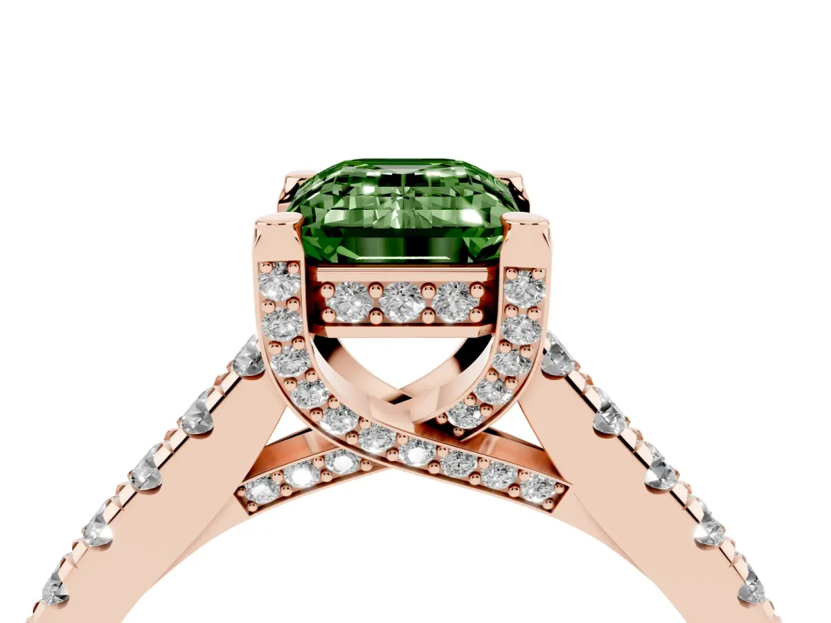 Fancy Green Emerald Cut Brilliant Diamond Solitaire with Pavé Band and Four-Prong Setting Rose gold