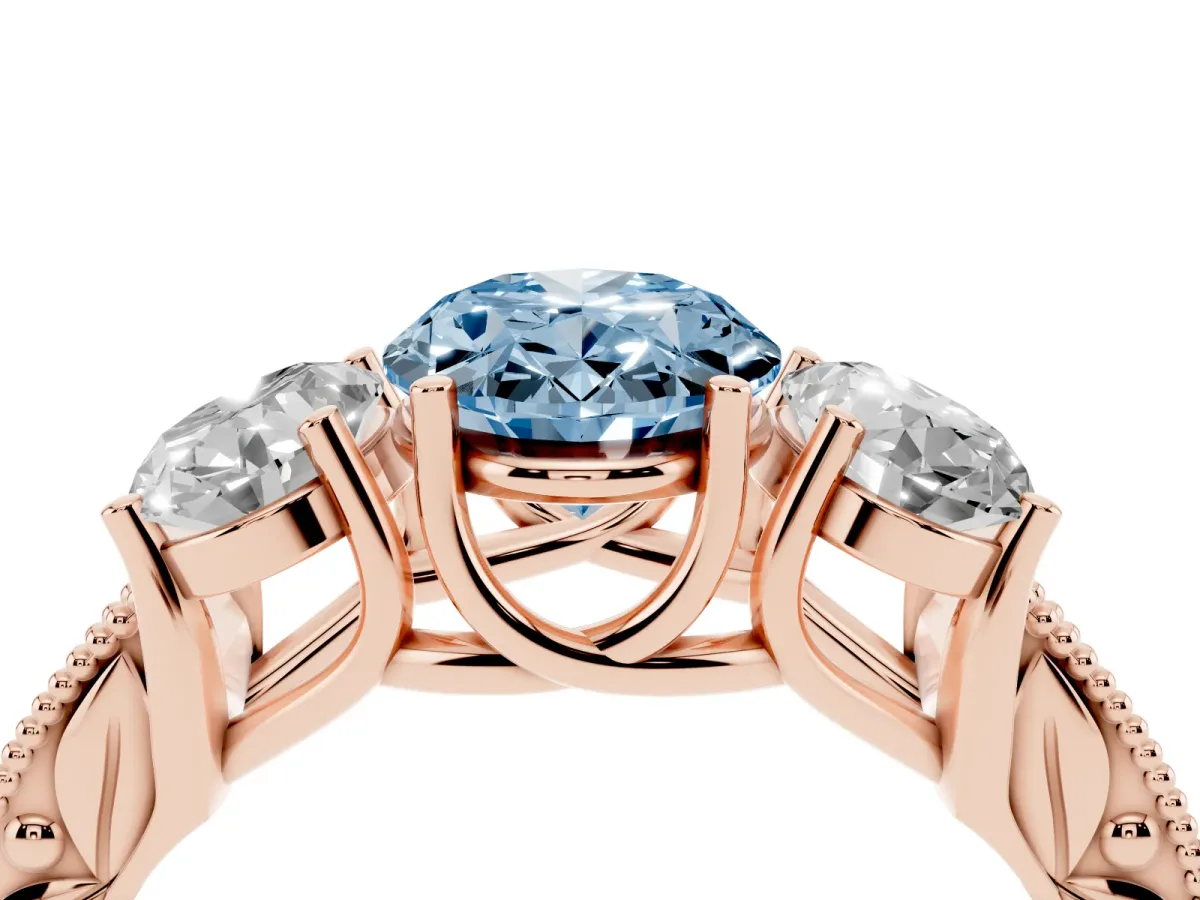 Fancy Blue Three-Stone Oval Cut Cut Milgrain Pavé Engagement Ring Rose gold