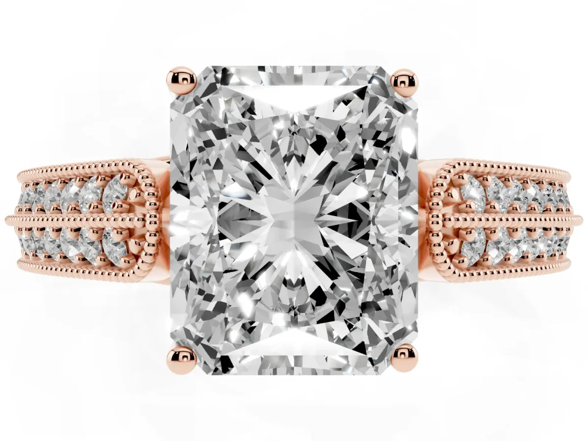 Radiant Cut Cut Pave Split Shank Engagement Ring with Four-Prong Setting Rose gold