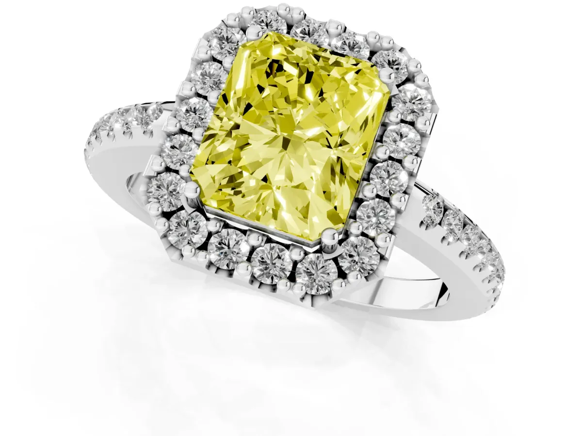 Fancy Yellow Radiant Cut Diamond Pavé Halo Ring with Four-Prong Setting Silver