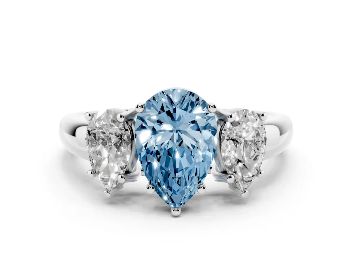 Fancy Blue Three-Stone Pear Cut Diamond Engagement Ring with Prong Setting Platinum