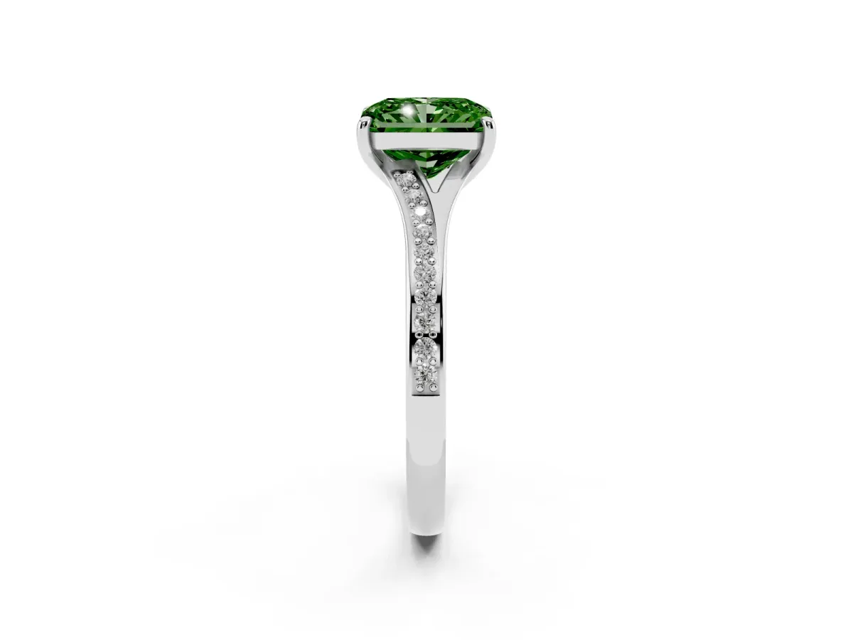 Fancy Green Radiant Cut Diamond Solitaire Ring with Pavé Band and Prong Setting Silver