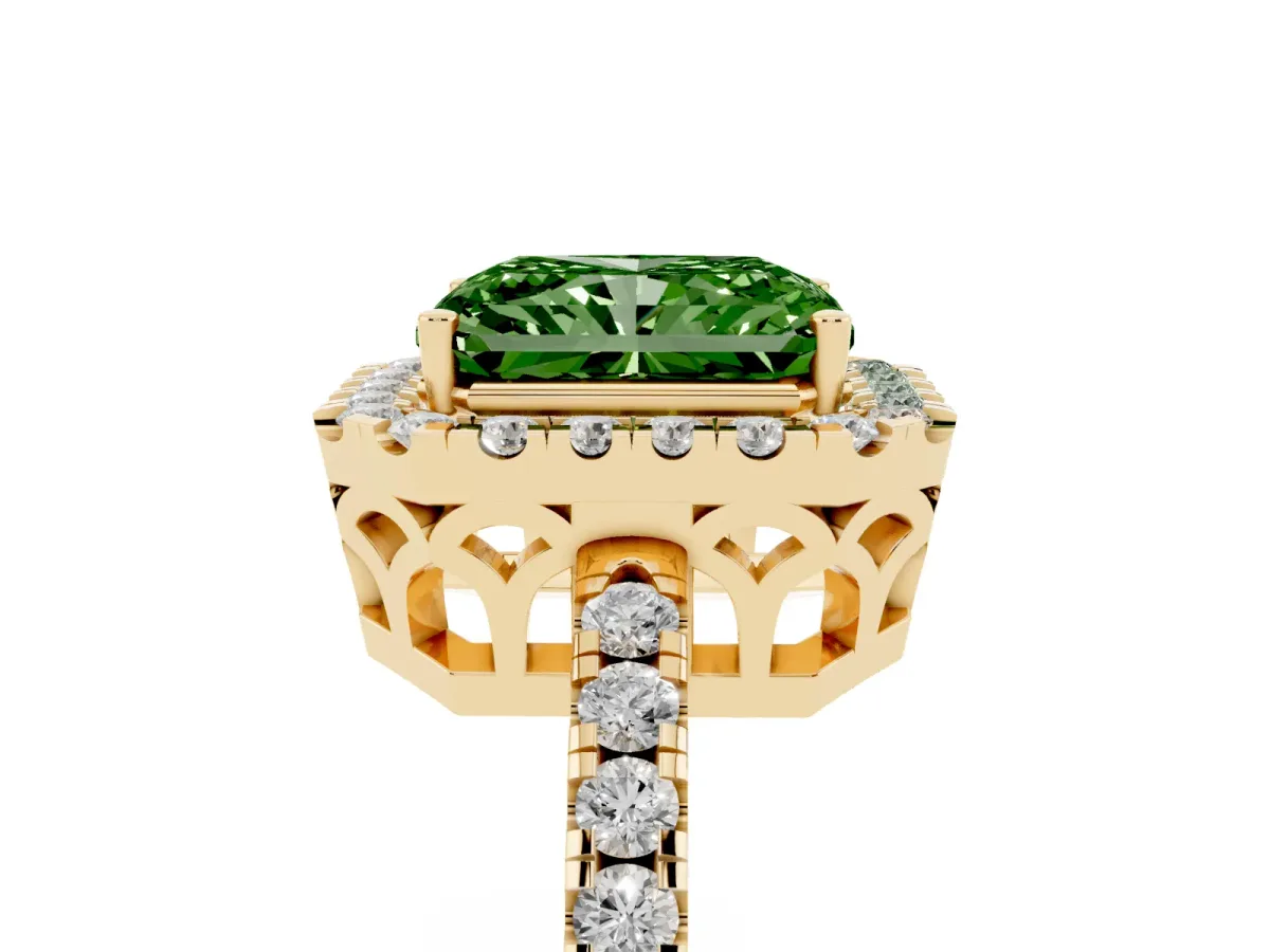Fancy Green Radiant Cut Halo Diamond Engagement Ring with Pavé Band and Four-Prong Setting Yellow gold