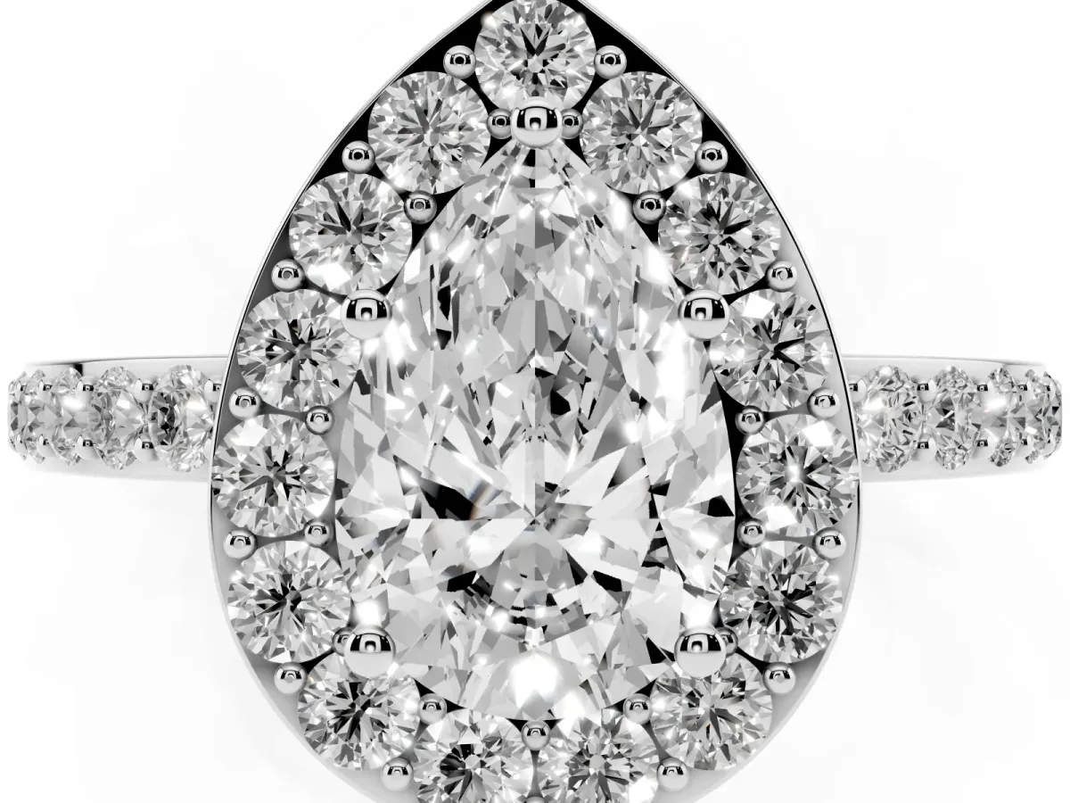 Pear Cut Halo Diamond Pavé Band Ring with Prong Setting Silver