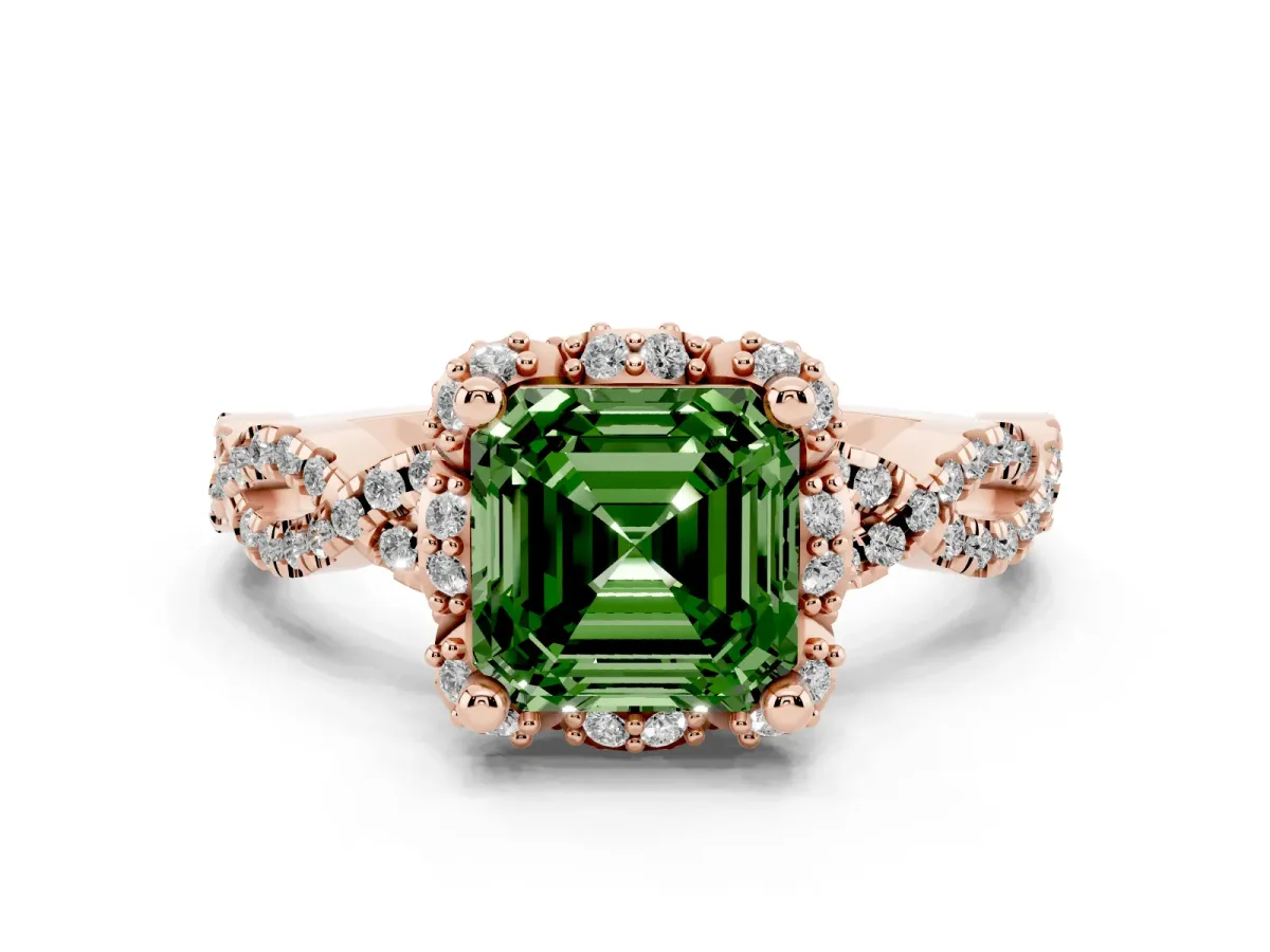 Fancy Green Asscher Cut Halo Twist Band Solitaire Ring with Six-Prong Setting Rose gold