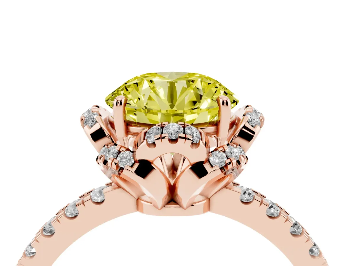 Fancy Yellow Round Cut Diamond Halo Pave Band with Four-Prong Setting Rose gold