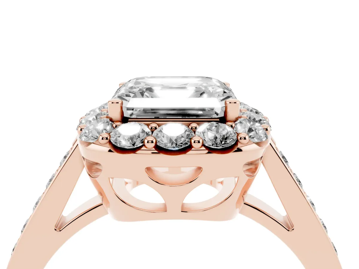 Asscher Cut Diamond Floral Halo Ring with Pavé Band and Prong Setting Rose gold
