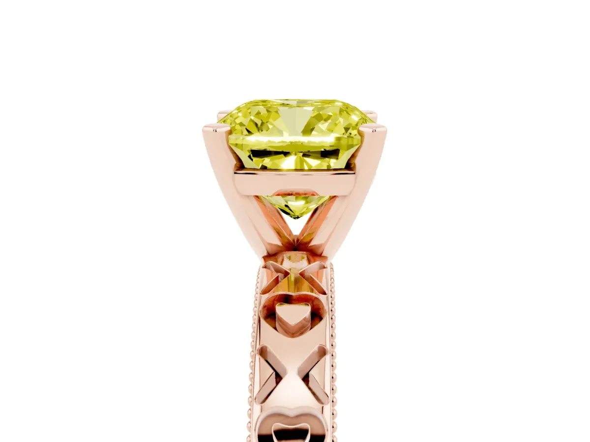 Fancy Yellow Cushion Cut Solitaire Diamond Engagement Ring with XO Engraved Band and Four-Prong Setting Rose gold