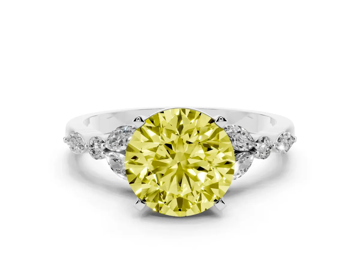 Fancy Yellow Round Cut Diamond Solitaire Ring with Side Stones and Four-Prong Setting Platinum