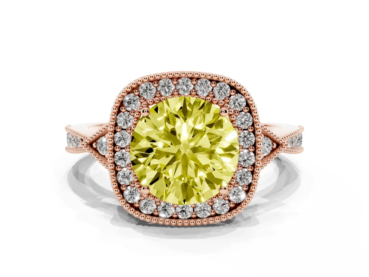 Fancy Yellow Round Cut Halo Round Diamond Milgrain Pave Engagement Ring Rose gold
