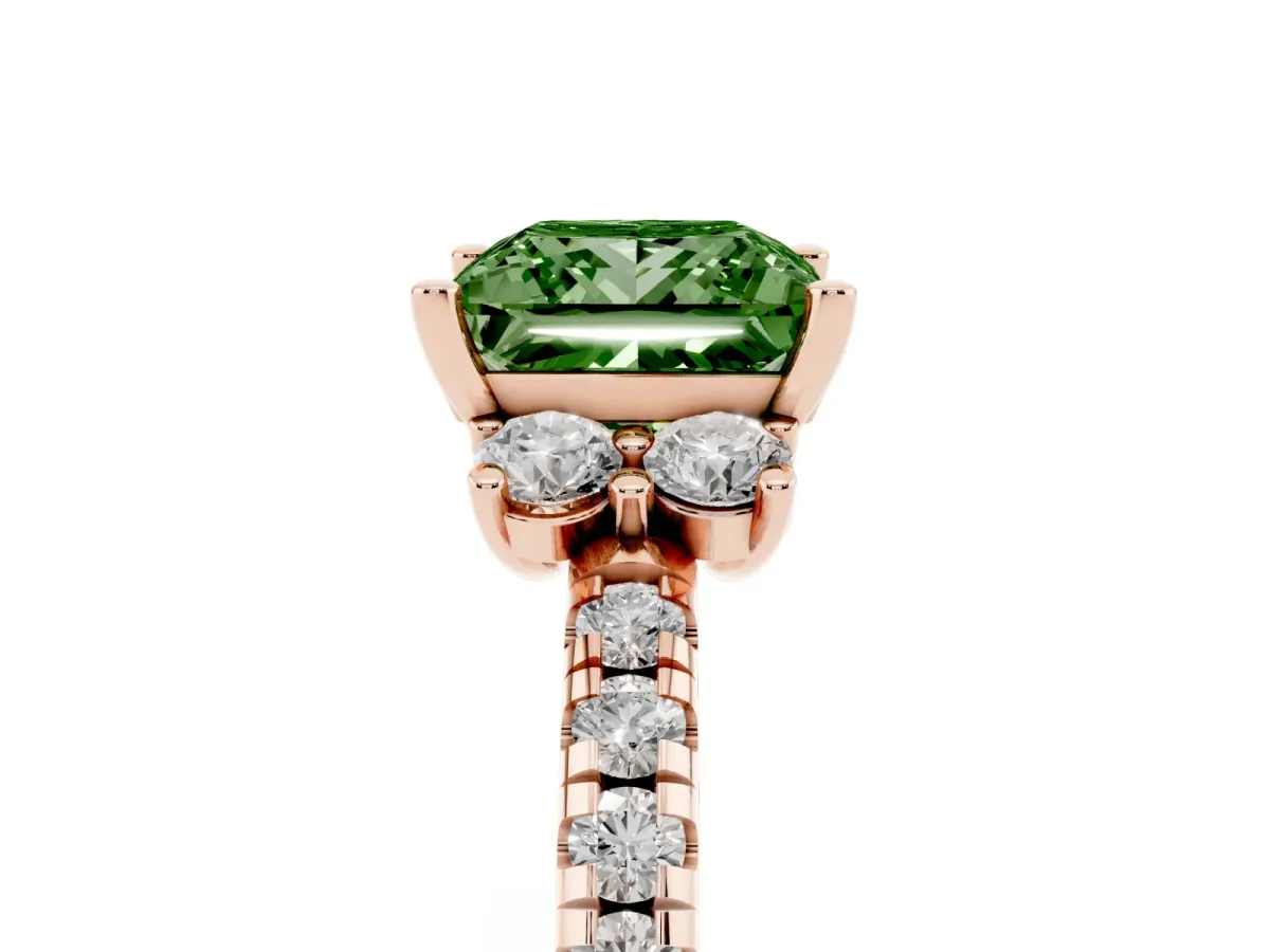 Fancy Green Princess Cut Diamond Three-Stone Pave Band with Four-Prong Setting Rose gold
