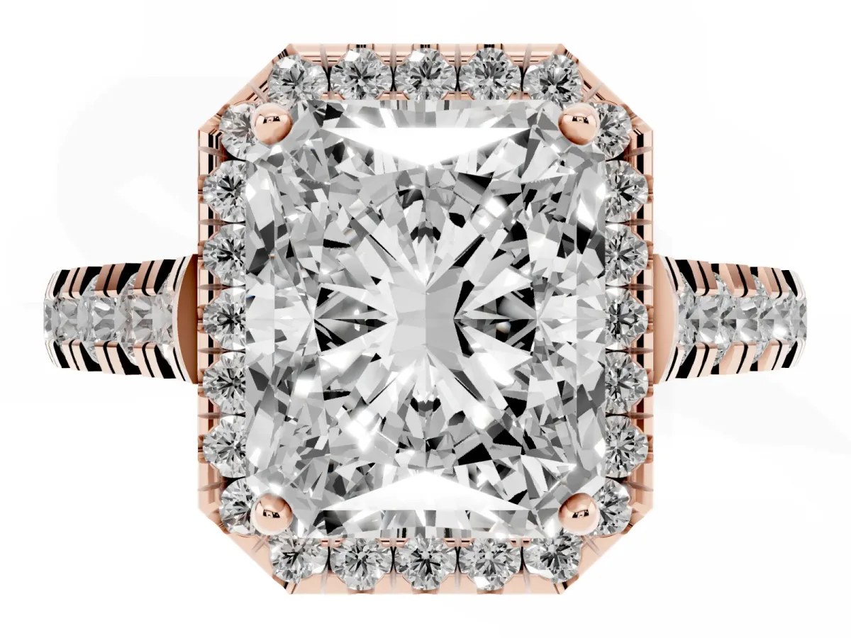Radiant Cut Halo Pavé Diamond Engagement Ring with Four-Prong Setting Rose gold