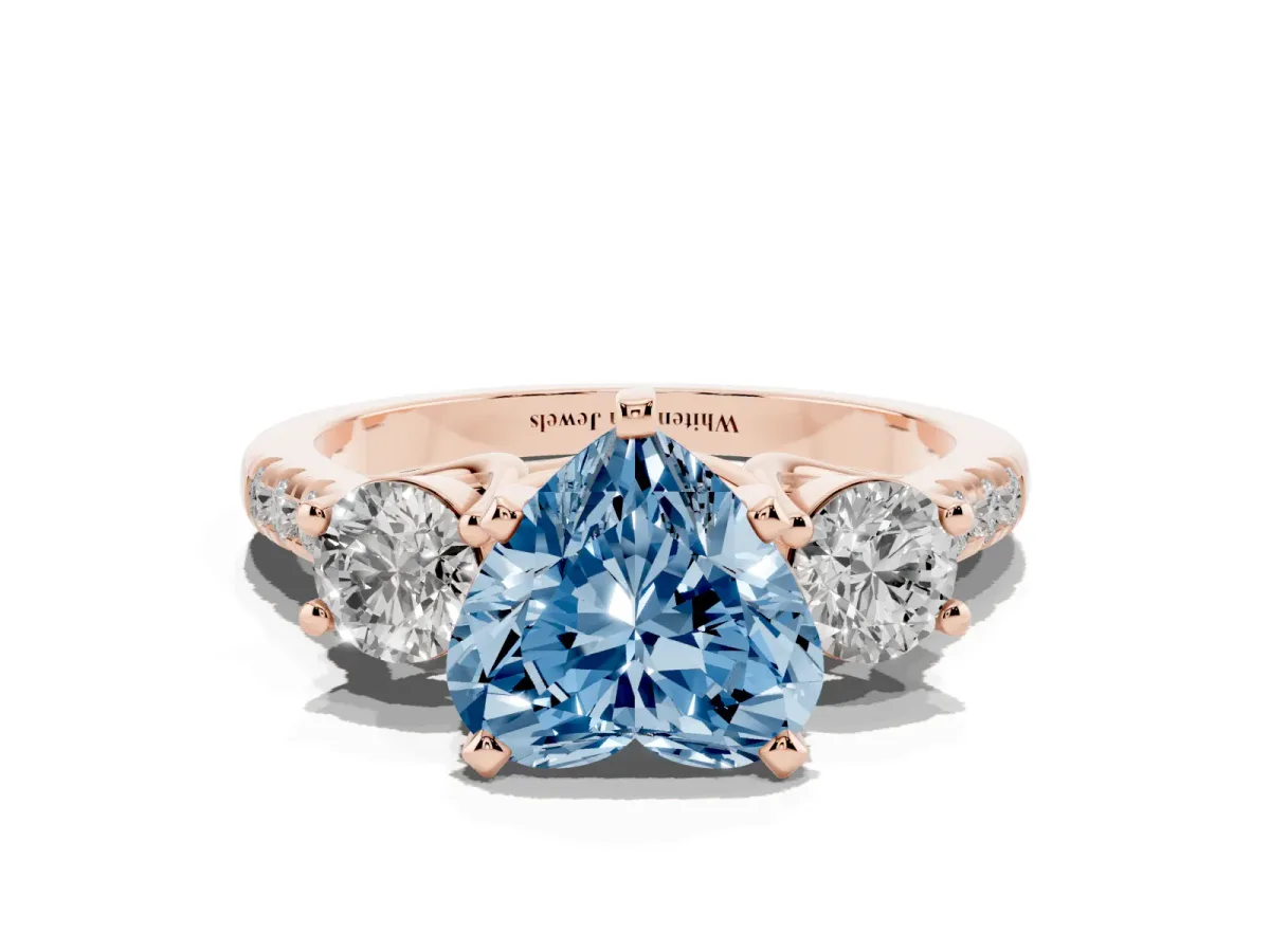 Fancy Blue Three-Stone Heart Cut Diamond Pavé Band with Four-Prong Setting Rose gold