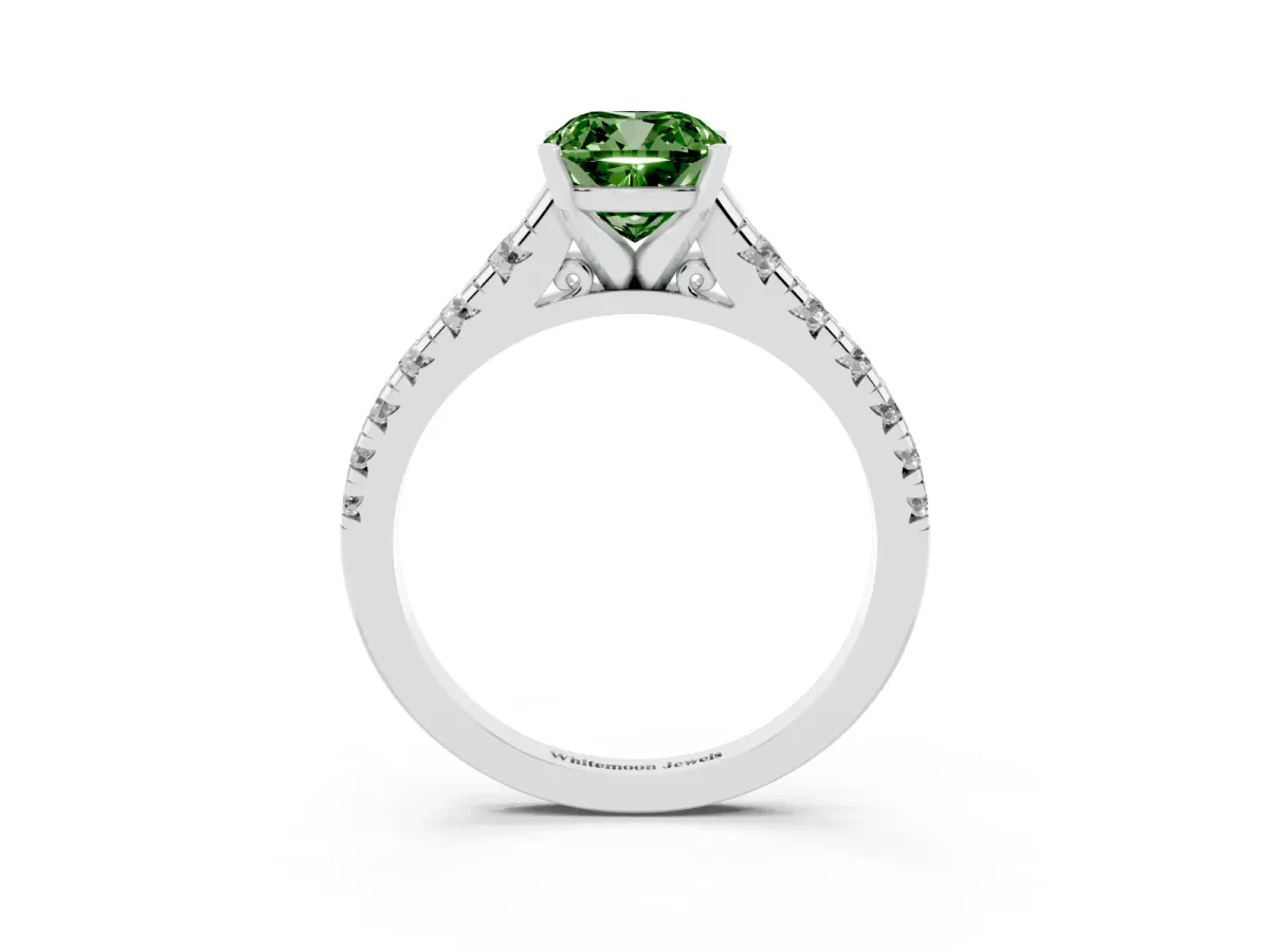 Fancy Green Cushion Cut Diamond Cathedral Solitaire Ring with Round Pavé Band Silver