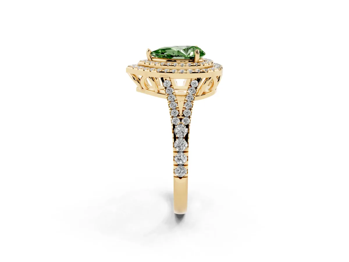 Fancy Green Pear Cut Diamond Double Halo Ring with Pavé Band and Prong Setting Yellow gold