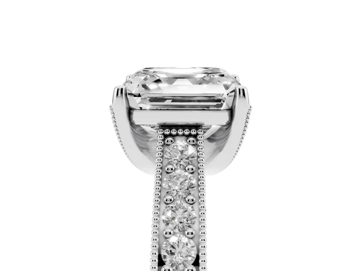 Asscher Cut Cut Diamond Solitaire Ring with Milgrain Pave Band and Four Prong Setting White gold