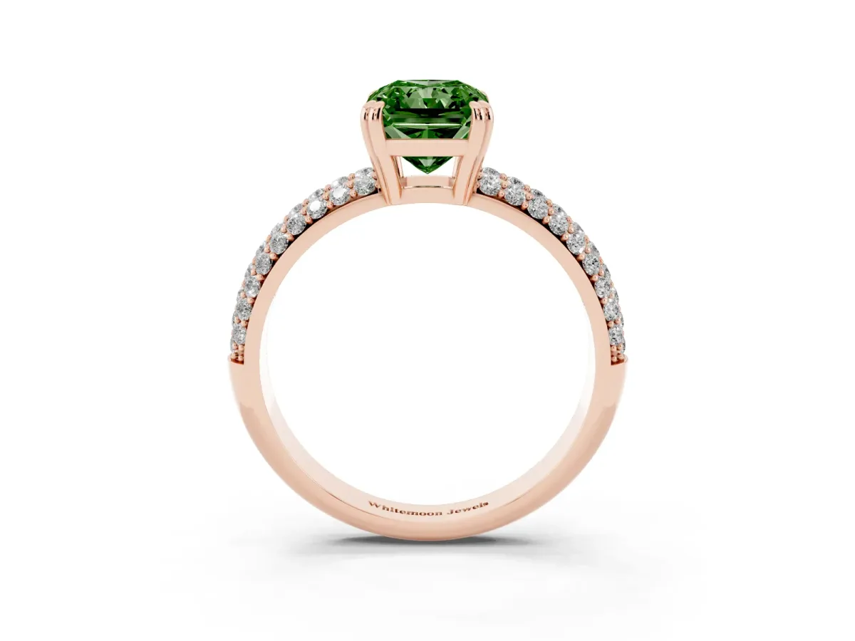 Fancy Green Radiant Cut Diamond Solitaire Ring with Multi-Row Round Pavé Band and Prong Setting Rose gold