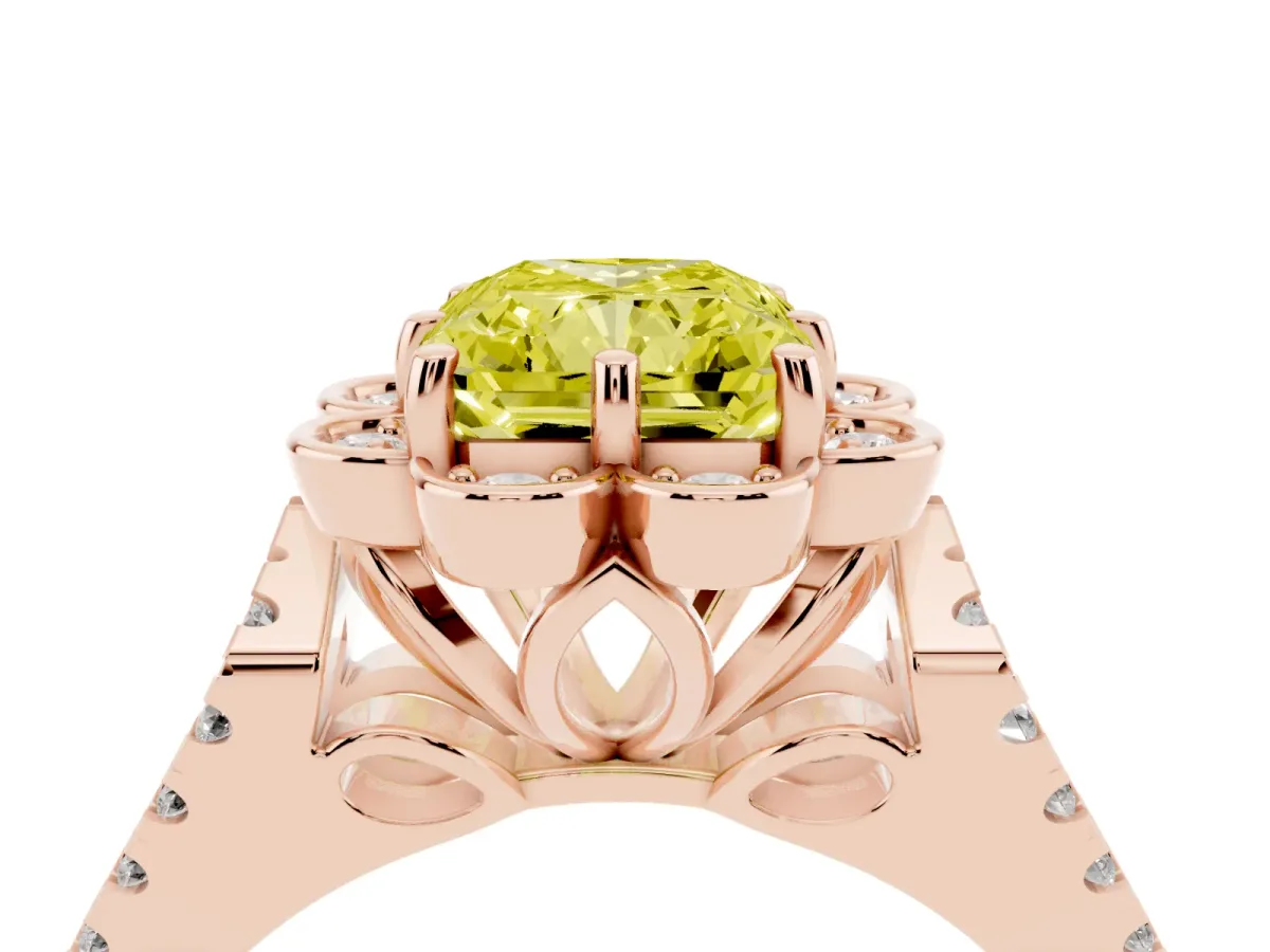 Fancy Yellow Radiant Cut Halo Diamond Floral Split Shank Engagement Ring Rose gold