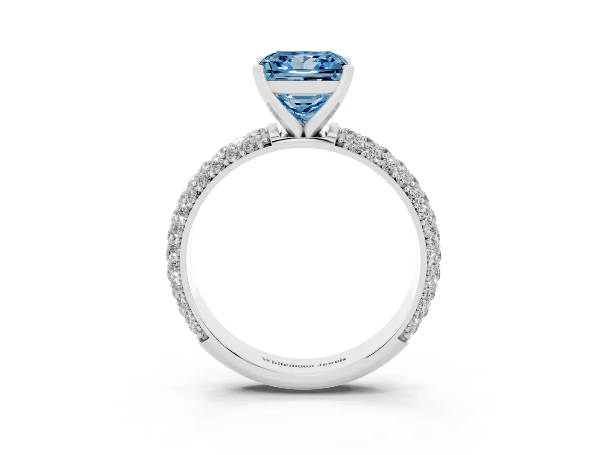 Fancy Blue Princess Cut Diamond Solitaire Ring with Prong Setting and Pavé Band Silver