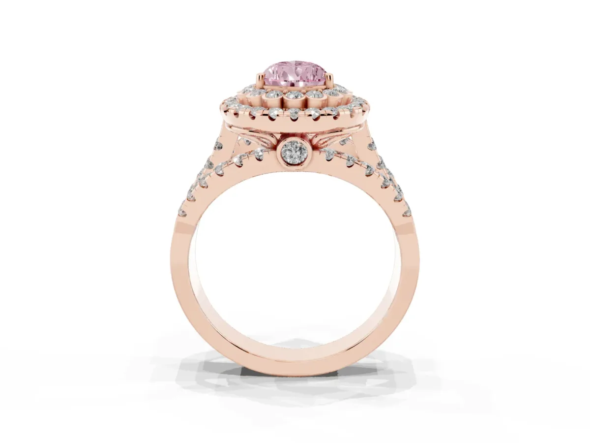 Fancy Pink Pear Cut Diamond Double Halo Ring with Round Pavé Split Shank and Prong Setting Rose gold